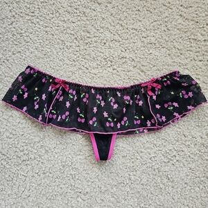 Vintage skirted thong panty mesh black pink cherries floral size medium